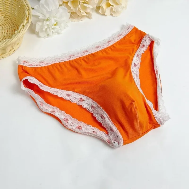 Breathable Ice Silk Men's Underwear Lingerie Low Waist Men's Lace Trim Briefs Panties U-Convex Pouch Brief Youth