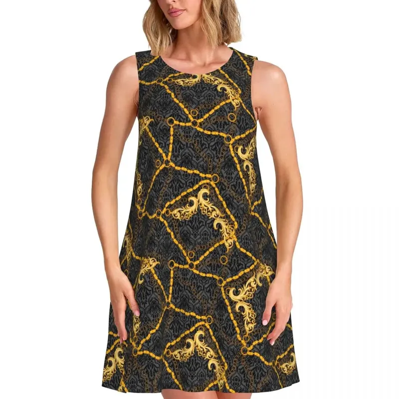 Gold Chain Casual Dress Vintage Print Korean Fashion Dresses Sleeveless Cute Dress Cheap Crew Neck Female Print Clothes