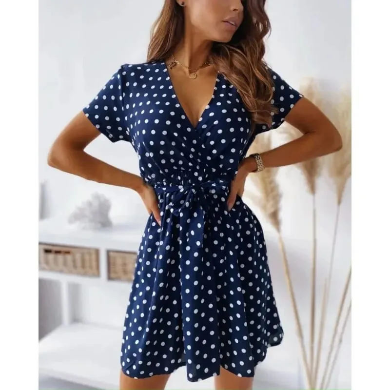 Summer Women's Polka Dot Printed Short Sleeved Casual Dress Fashionable V-neck Belt Commuting Dress Holiday Party Women's Dress
