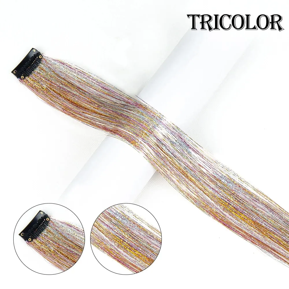 Straight Rainbow Colored Party Highlights Clip On In Hair Extensions Bling Hair Piece Synthetic Hairpieces Sparkling Tinsel Red