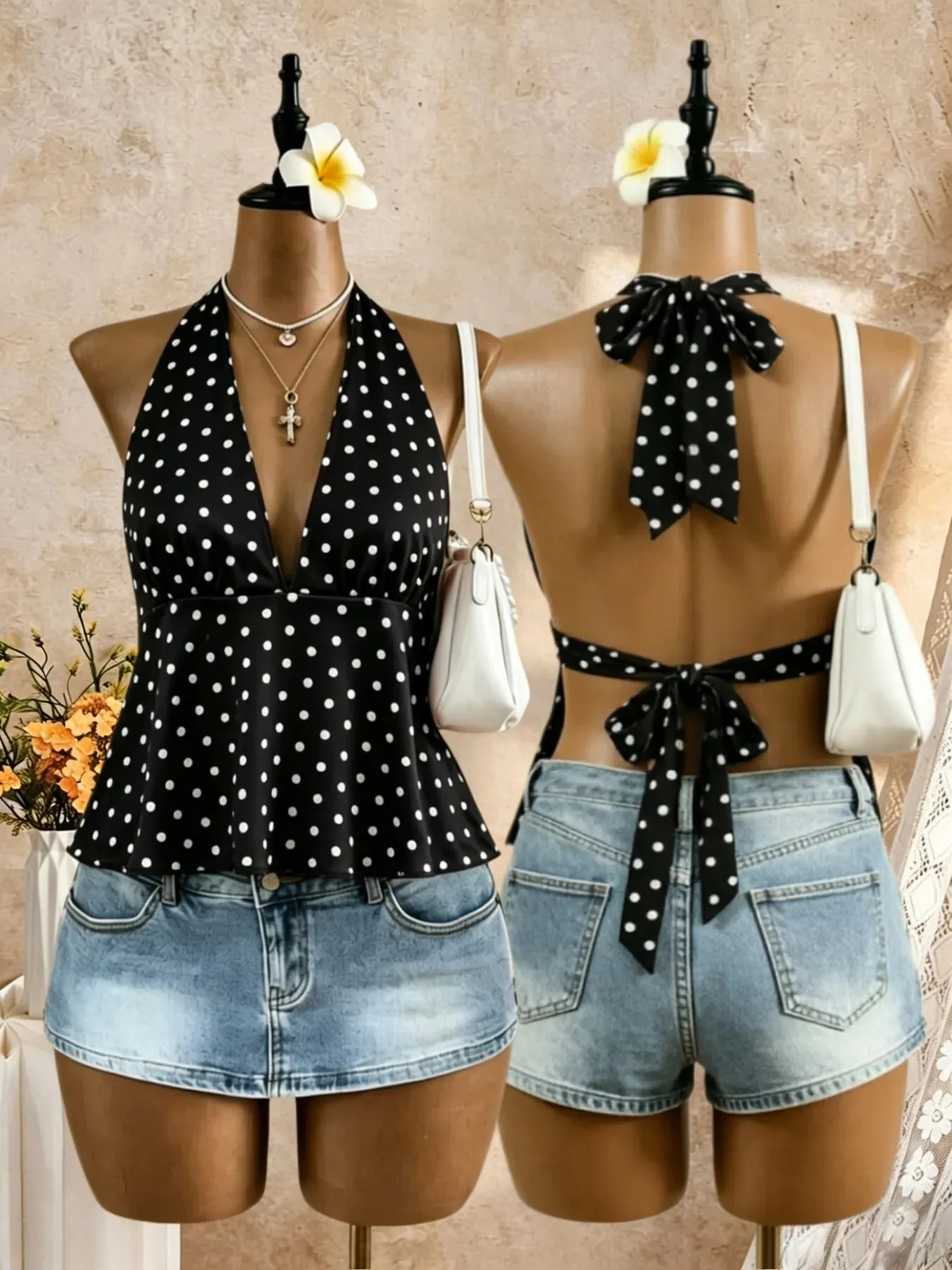 Women Halter Deep V Neck Polka Dot Back Tie Bow Peplum Cami Top 2026 Summer Y2K Red Retro Satin Open Back Flared Sleeveless Swin