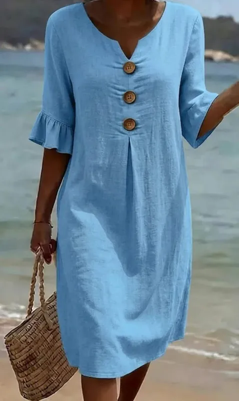 2026 Amazon European and American Cross-Border Spring and Summer New Cotton and Linen V-Neck Dress with Large Buttons and Ruffle