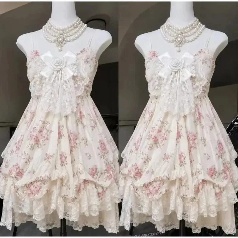 Japanese Style Sweet Lace Bow Kawaii Lolita Dress Women Vintage Ruffles Cake Dresses Harajuku Y2k Slim Bandage Dress 2026 Summer