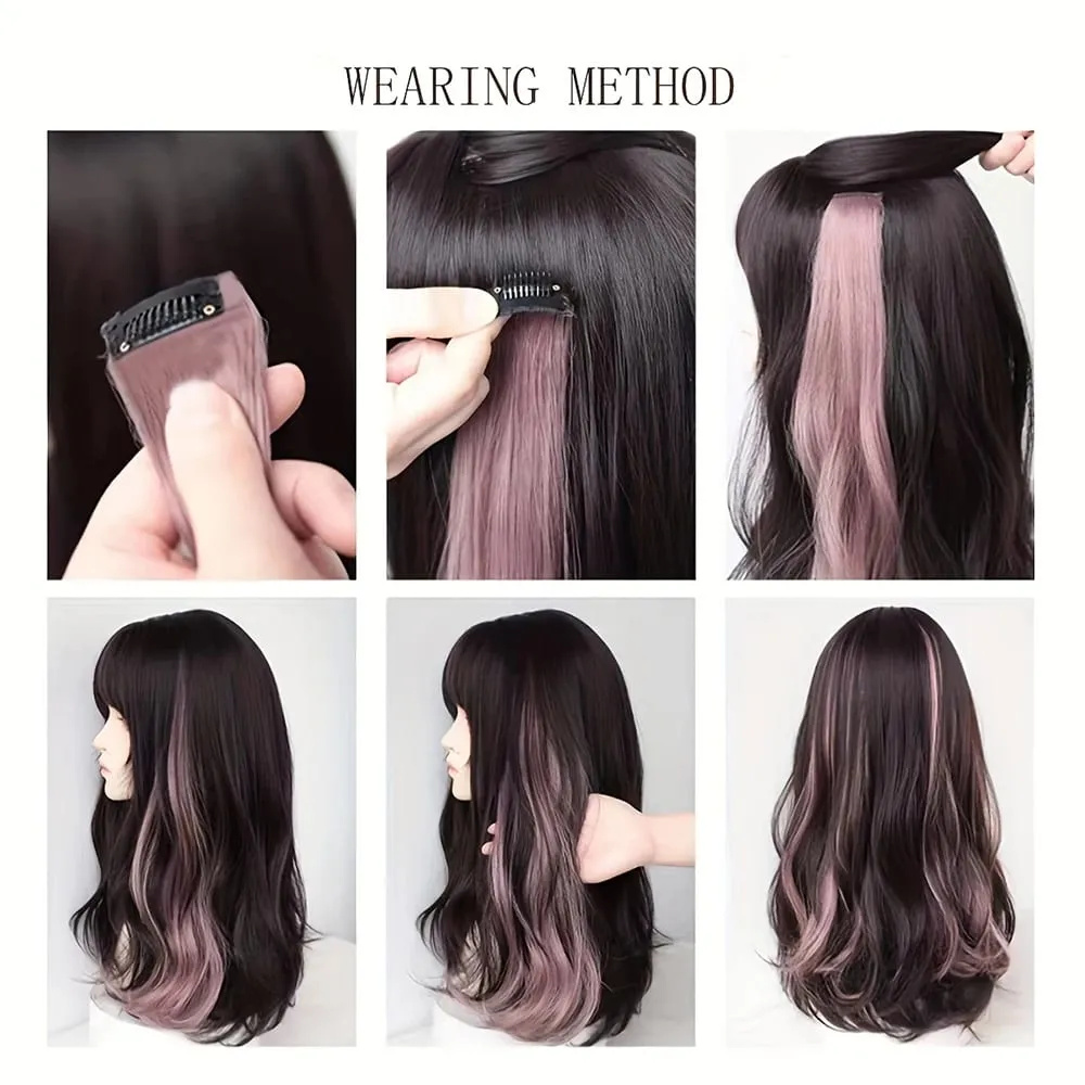 2Pcs Ear-Hanging Highlight Hair Coloring Strips Women's Long Hair One-Piece Colorful Hair Extensions Invisible Synthetic Wig