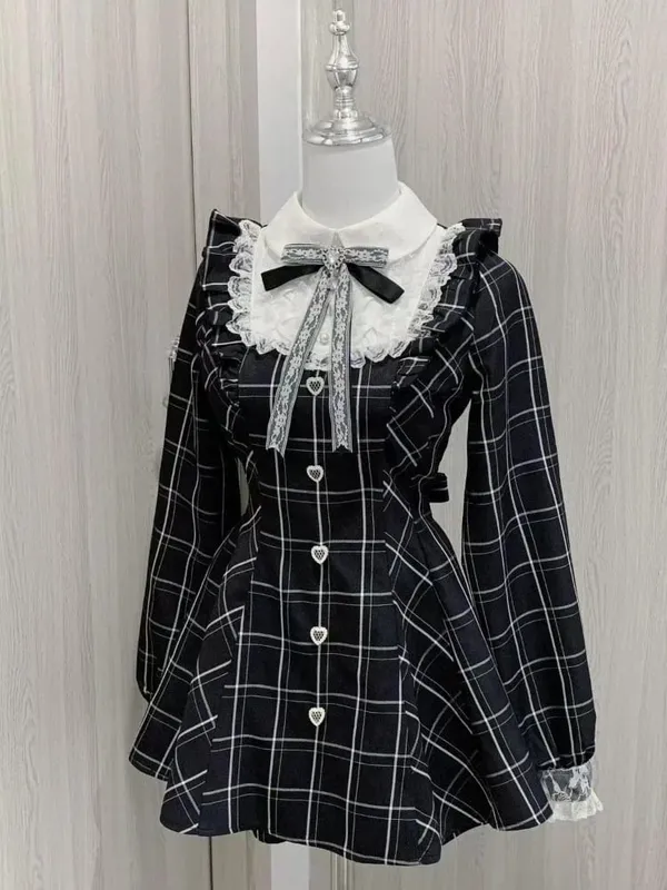 اليابانية الجنية الحلو الدانتيل المرقعة منقوشة فستان المرأة Kawaii الجرونج تكدرت كم طويل فساتين Y2k الجمالية JK لوليتا فيستدوس