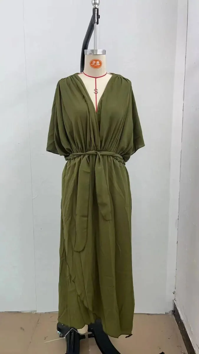 Stylish Elegant Chiffon Casual Solid Lace Up Dress Women V-Neck Bat Sleeves Irregulares Midi Dresses Summer Resort Wear