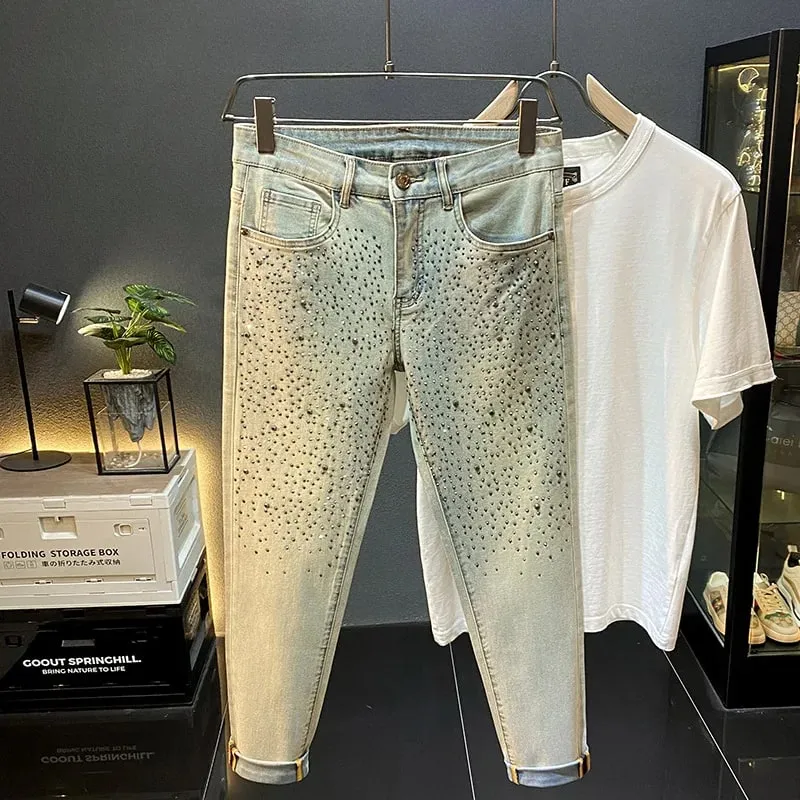 Men Jeans Fashion American High Street Black Distressed Rhinestones Sequined Patterns Stretch Skinny Ripped Button Jeans Pants