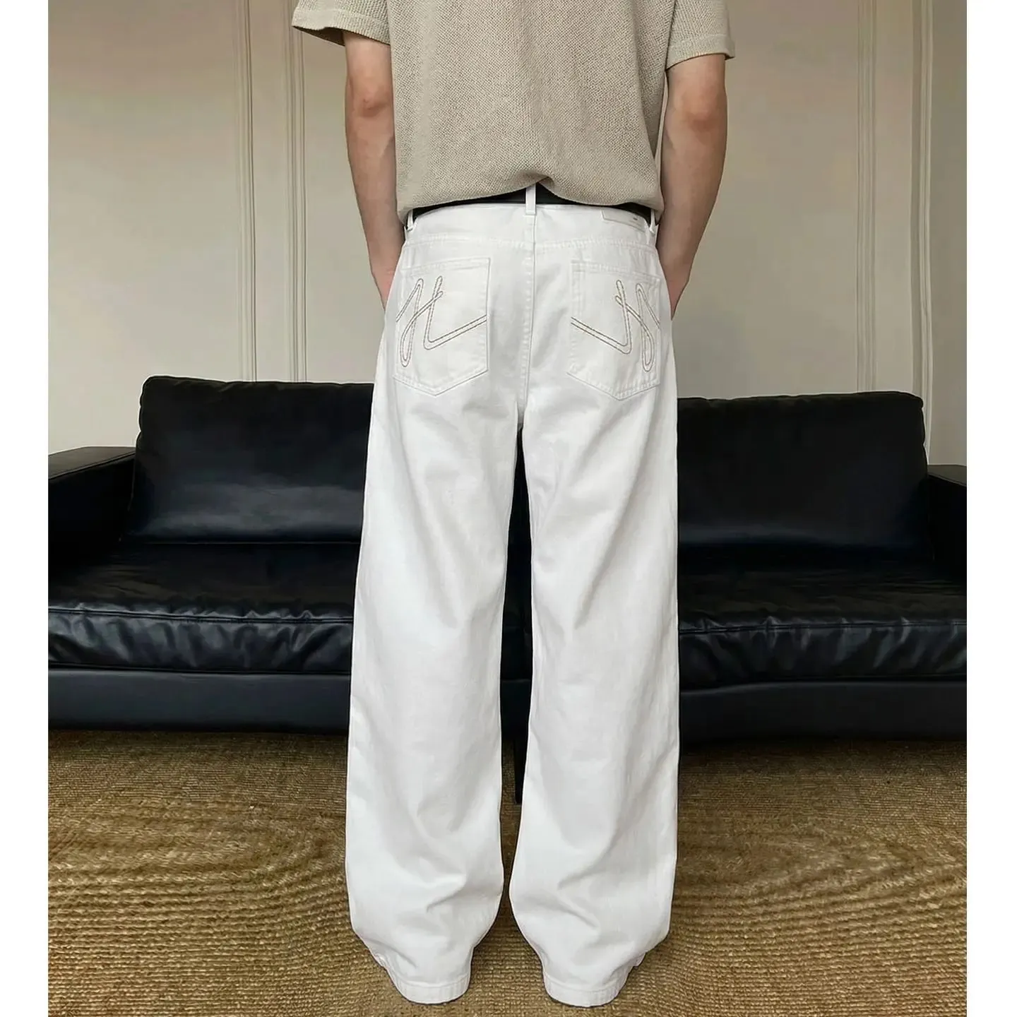 100% Cotton White Jeans Classic Embroidered Straight Loose Korean Retro High Street Y2K Casual Wide Leg Pants for Men and Women
