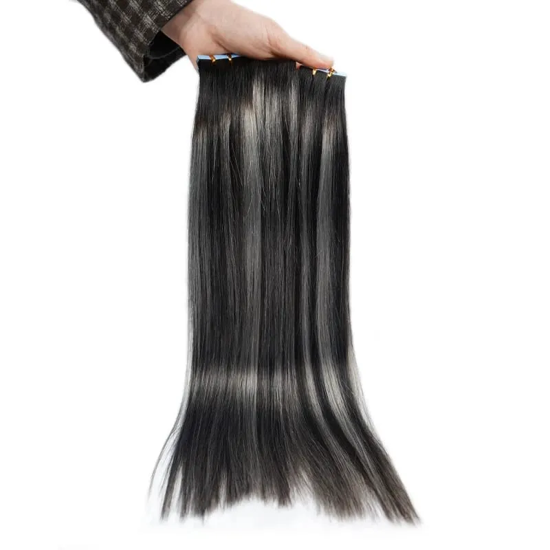 Doreen European Real Remy Human Hair Tape In Extensions 16 to 24 Inch 20Pcs 50g PU Seamless Balayage Silver Grey Hair Black Root