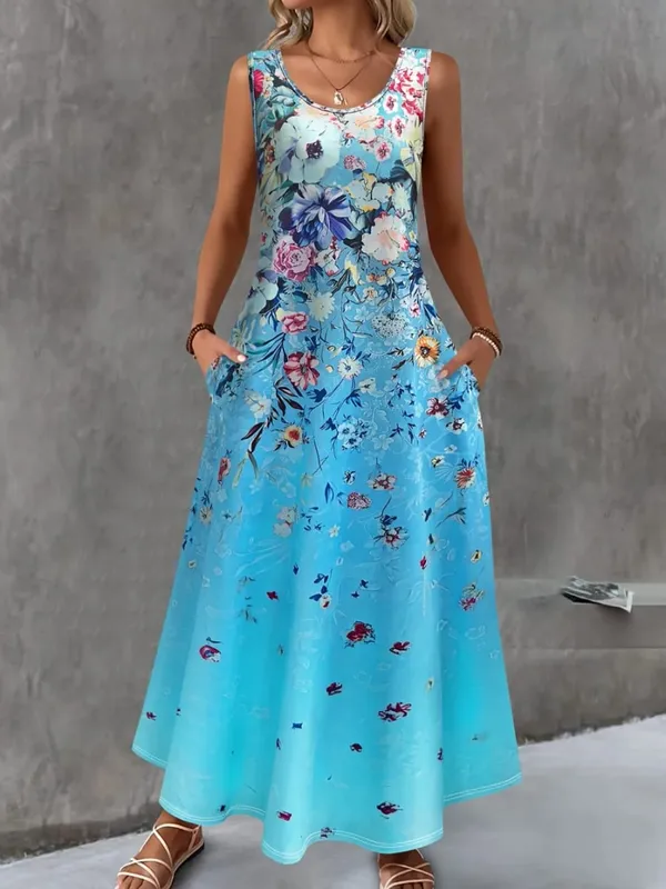 2026 New Women's Dress Fashion Floral Print New Sleeveless Design Dresses Summer Outdoor Beach Vacation Ankle Long Women's Dress