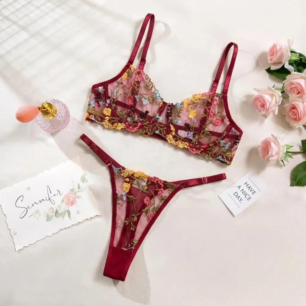 2 ชิ้นโบฮีเมียดอกไม้ชุดชั้นในชุดเย็บปักถักร้อยชุดชั้นใน Intimates อเนกประสงค์ Underwire Push-Up Bra กางเกงชุดสำหรับสาวเลดี้