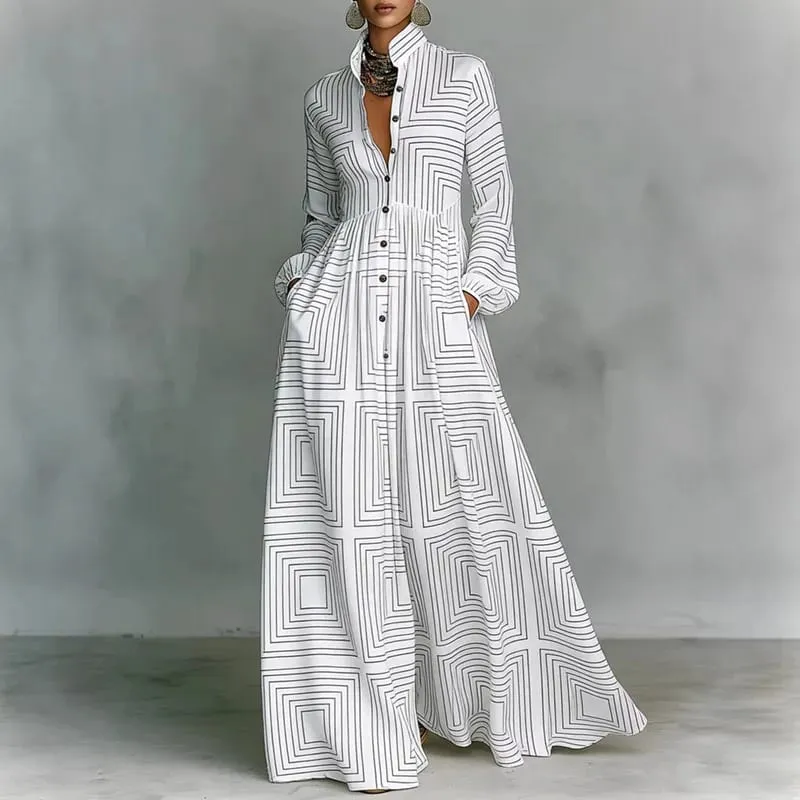 Retro Pattern Print High Waist Pleated Dress Woman Spring Shirt Collar Button Pockets Maxi Dress Long Sleeve Boho Vacation Dress