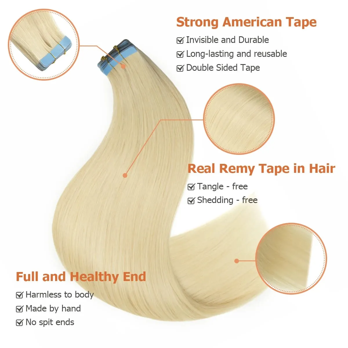 Invisible Tape-In Hair Extensions Straight Human Hair Seamless Invisible Skin Weft Design Smooth Soft Natural Texture No Frizz Easy To Wear