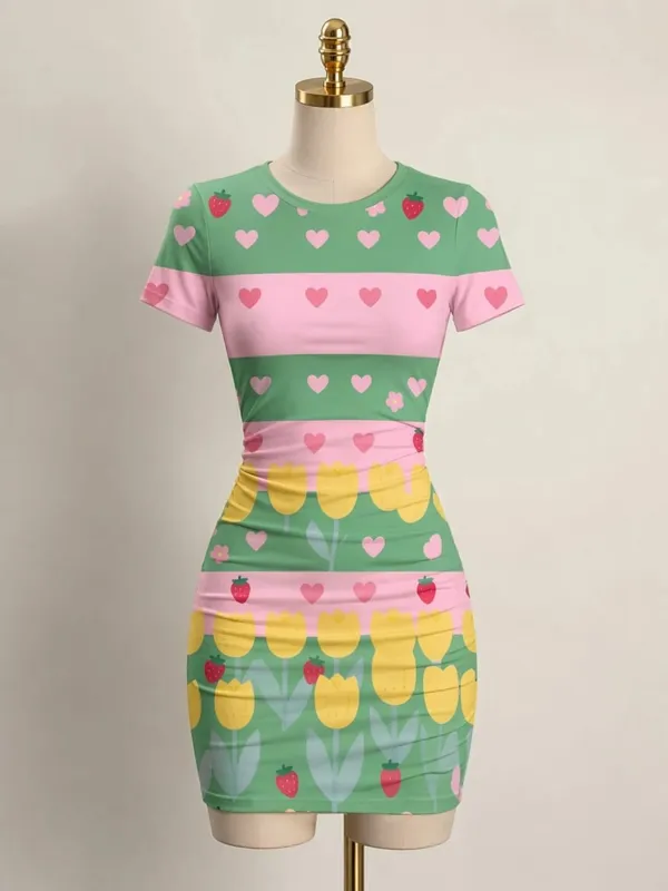 Womens Short Sleeve Bodycon Mini Dress Slim Fit Crew Neck Floral Print Casual Summer Party Cute Smooth Holiday Vacation Sundress