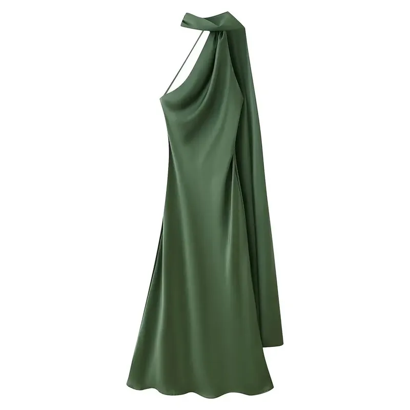 High Street Women Sexy Elegant Halter Long Dress Pambabae Fashion Backless Green Satin Party Maxi Vestidos