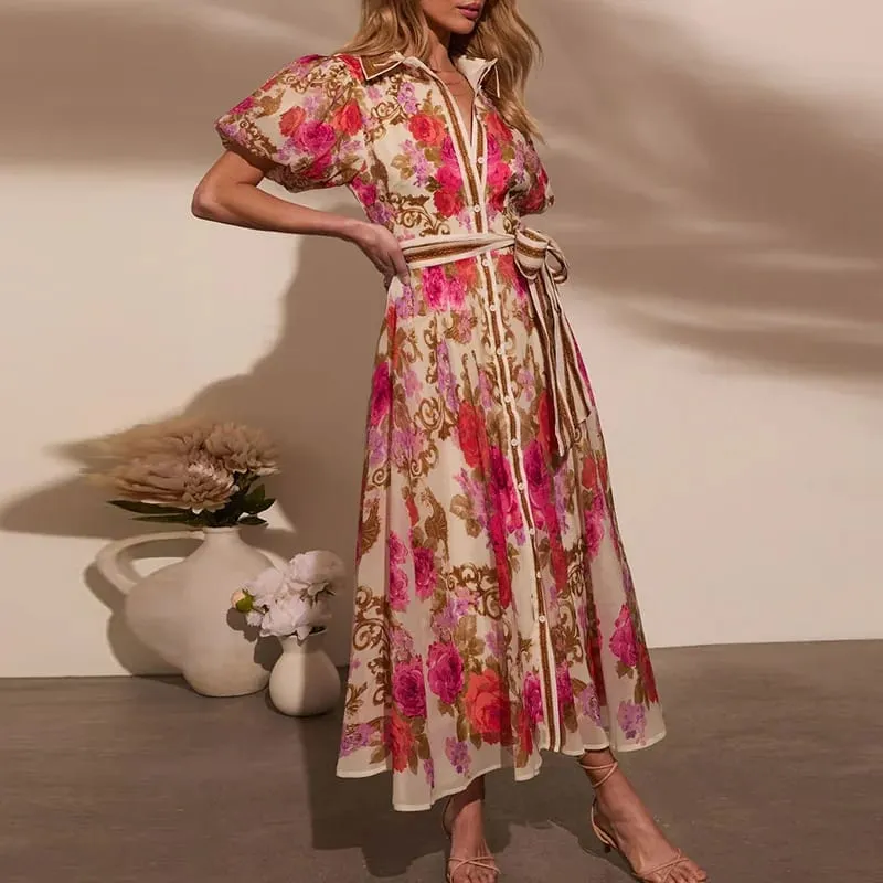 Kvinnor Casual Blommönster Bohemisk festklänning Chic sommar Lång klänning med snörning Dam Elegant enkelknäppt skjortor Klänning 2025