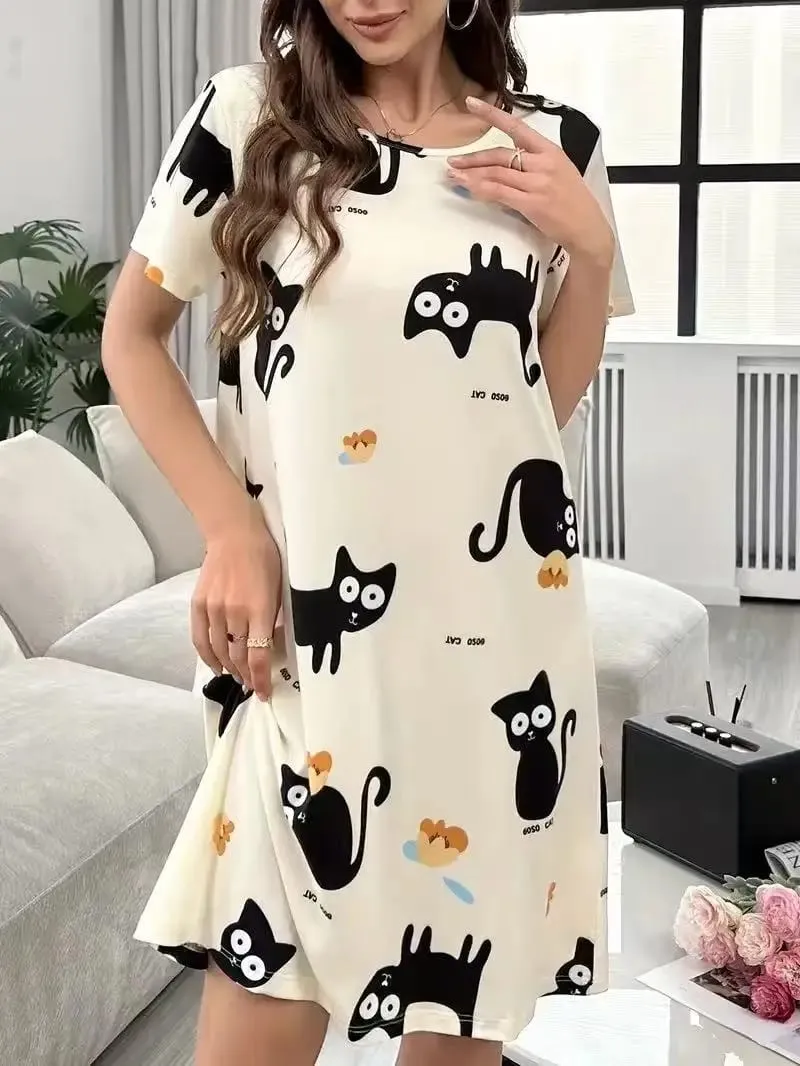 Women's Spring and Summer Cartoon Cat and Letter Print Pajamas Short-Sleeved Round Neck Dress
