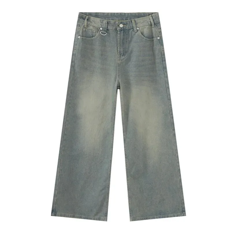 Vintage Camouflage Men's Jeans Fashion Washed Casual Wide Leg Denim Pants Autumn Winter Loose Male Trousers Old Blue 9C354
