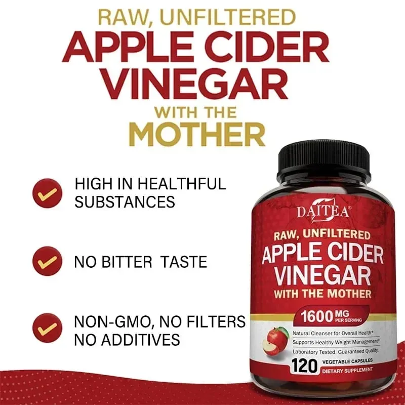 Cuka Cider Epal 1600 mg dengan Ibu untuk Penghadaman yang Sihat Menurunkan Berat Badan dan Tenaga