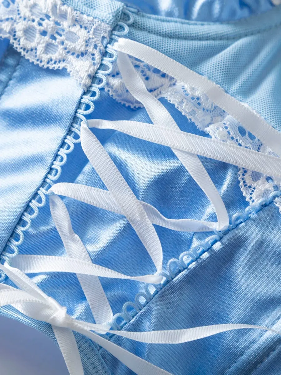 Women's Lingerie Set Sweetheart Satin Jacquard Lace Patchwork Tie-Up Ruffle Trim Underwire Lingerie Set For Women