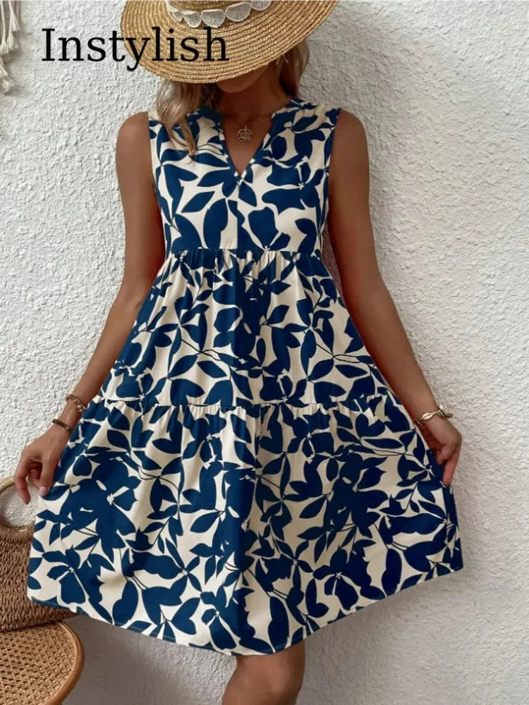 Gaun Mini Gambar Boho Wanita Gaun Tank A Line Ruffle Leher V Tanpa Lengan Elegan Musim Panas Gaun Sundress Pesta Pantai Ukuran Besar Longgar Kasual