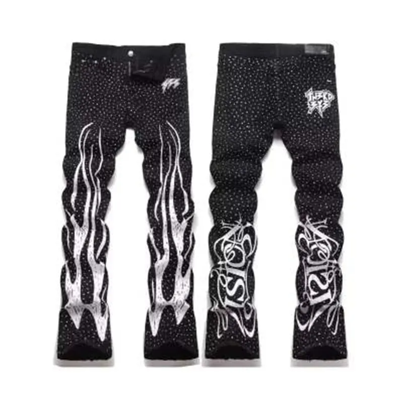 Punk Flame Streetwear Solid Casual Denim Trousers Stage Dancing Rhinestone Print Washed Black Baggy Jeans HipHop Casual Denim Pa