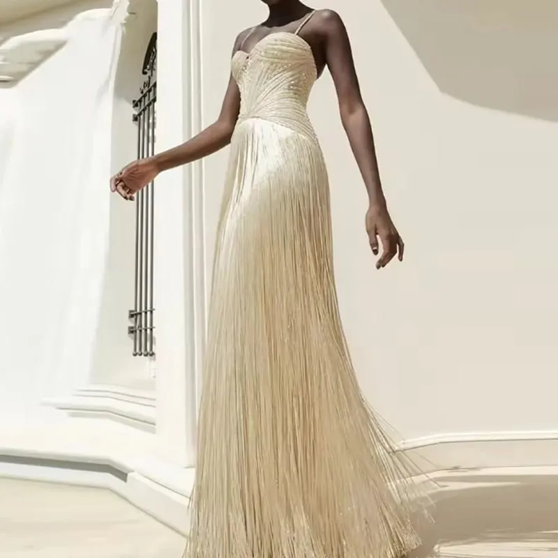Sexy Off Shoulder Sleeveless Suspender Dress Women's Elegant High Waist Slim Tassel Long Dress Fashion Draped Solid Long Dress