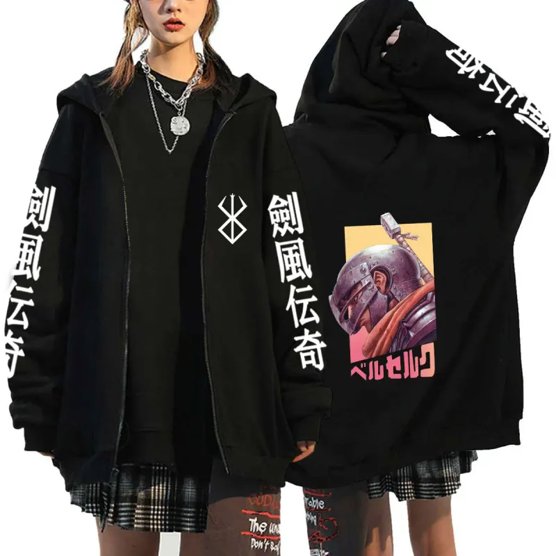 Berserk Zipper Hoodies Lalaki Babae Long Sleeve Sweatshirt Fleece Oversized Jackets Coats Nakakatuwang Berserk Japanese Anime Streetwear