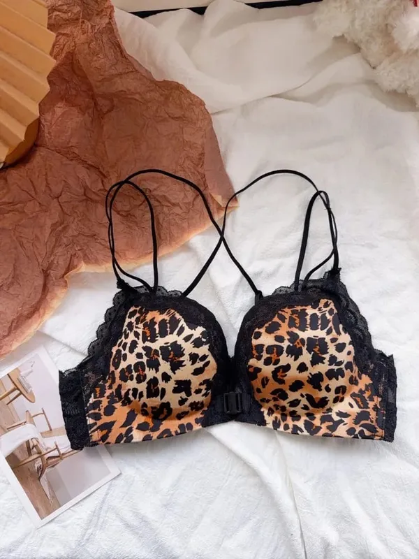 Best Selling Leopard Print Front Closure Push Up Bra Set Sexy Back Design Small Bust Enhancing Women Lingerie