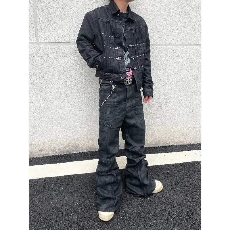 Denim Pant Men Stacked Jeans Vintage Pants Spliced Full Length Mid Waist Washed Straight Trousers Y2k High Street Casual Spring