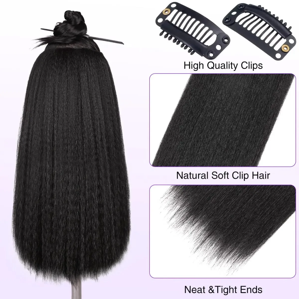 Synthetic Kinky Straight Clip in Hair Extensions 7pcs 16Clips Yaki Straight Clip Ins 22Inch/55cm Full Head Hair Extensions