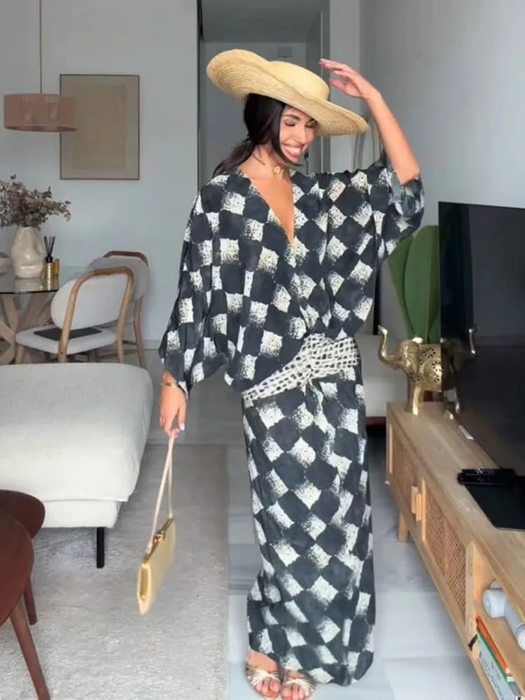 Women Dress Printed V-Neck Batwing Sleeve Cinched Waist Maxi Dresses Loose Fit Flowy A-Line Skirt Elegant Beach Chic Outerwears