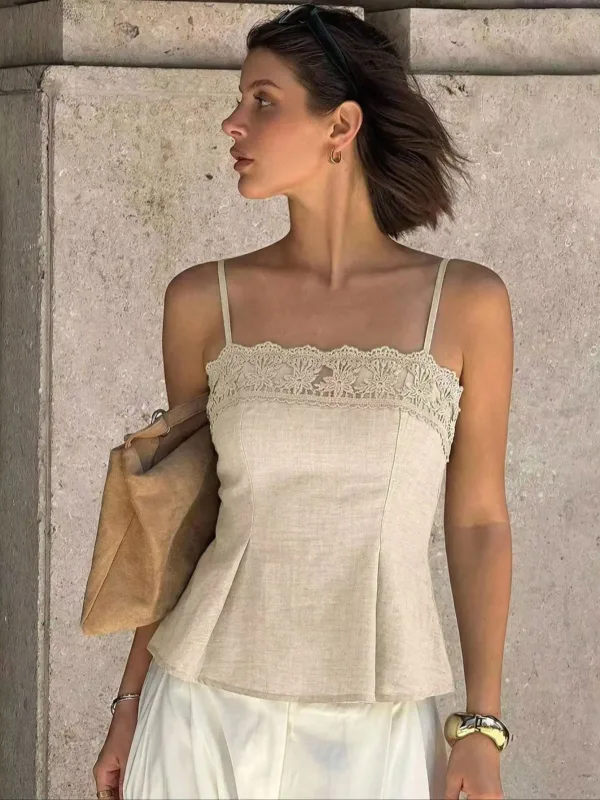 Vintage Beige Lace Spliced Camisole Women Slim Fit Peplum Hem Sling Top Casual Summer Sleeveless Vest
