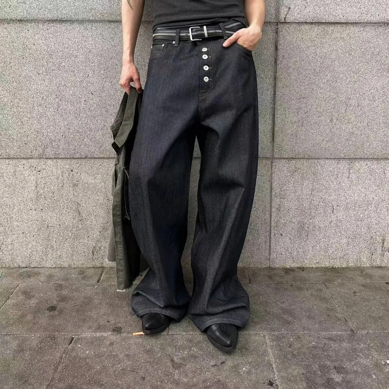 Button Design Machete Denim Baggy Jeans Men's High Street Edge Selvedge Niched Hiphop Loose Long Wide Leg Pants 12377
