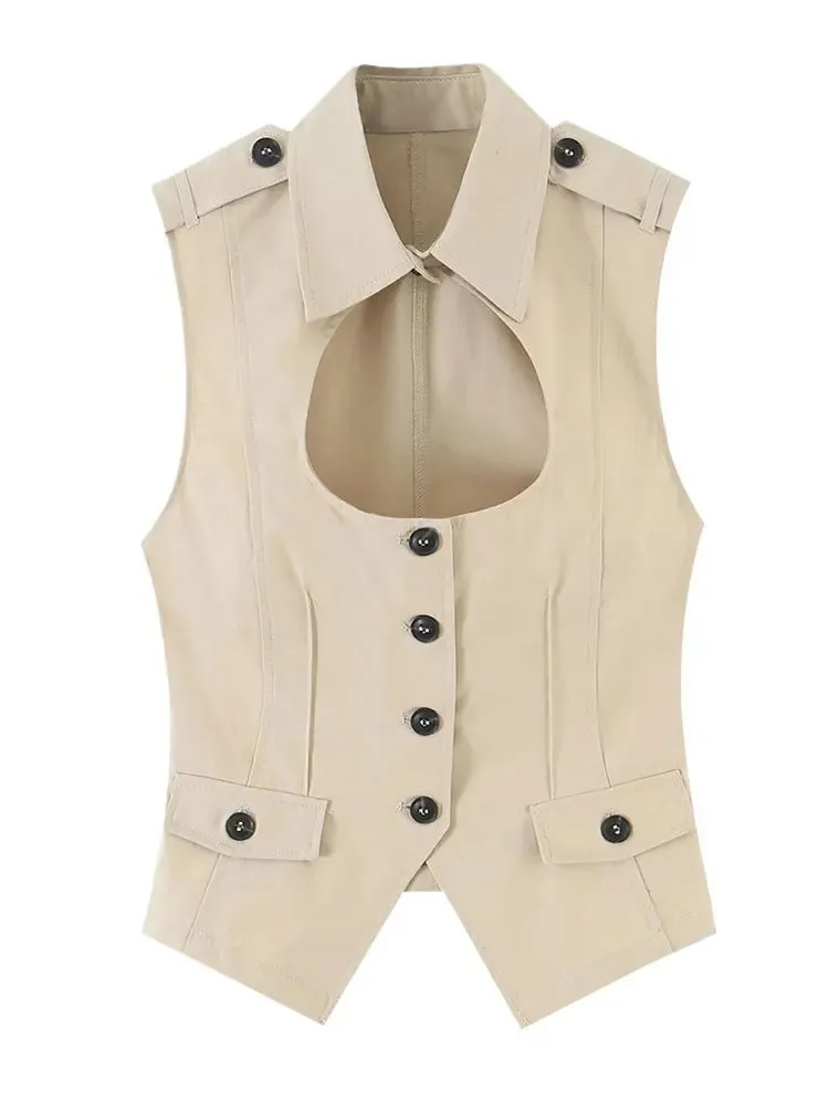 Women's Cropped Tops Lapel Hollow Out Sleeveless Waist Cinching Single Breasted Top Street Lady Irregular Hem Slim Partywear New