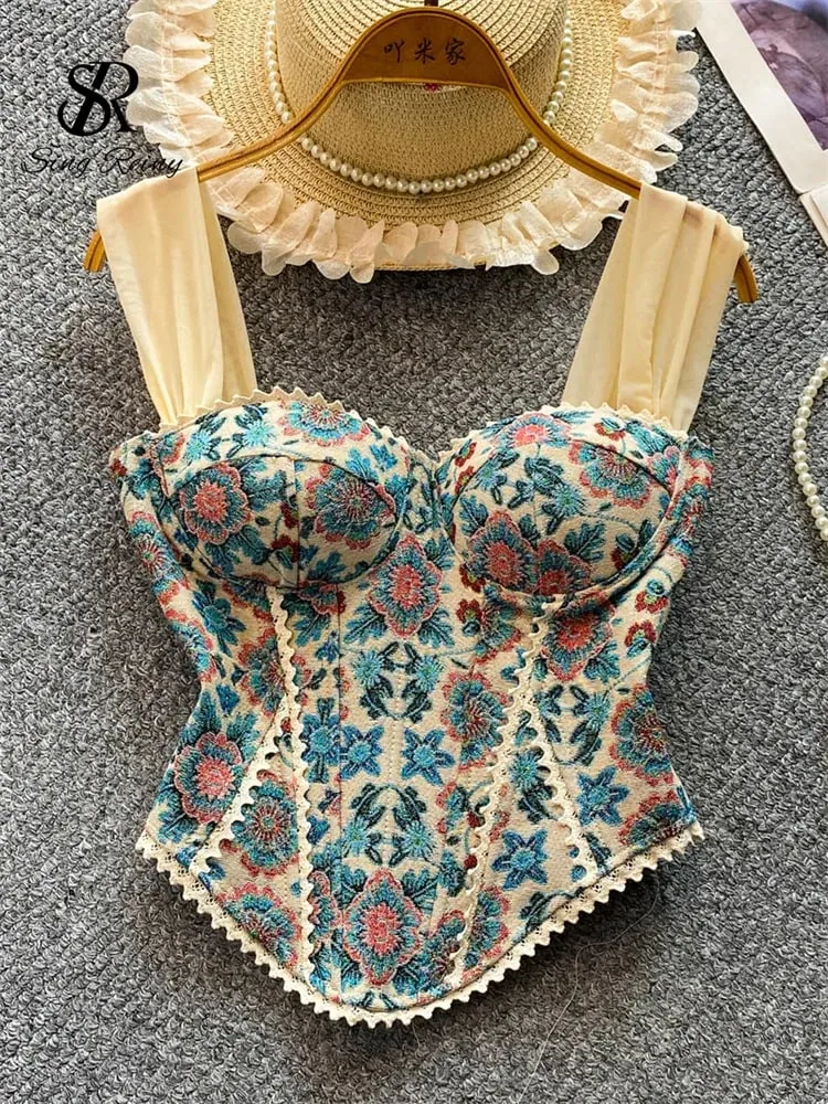 American Retro Print Evening Camisole Female Strap Lace Spliced Slim Top 2025 Streetwear Floral Vintage Beach Tank Top