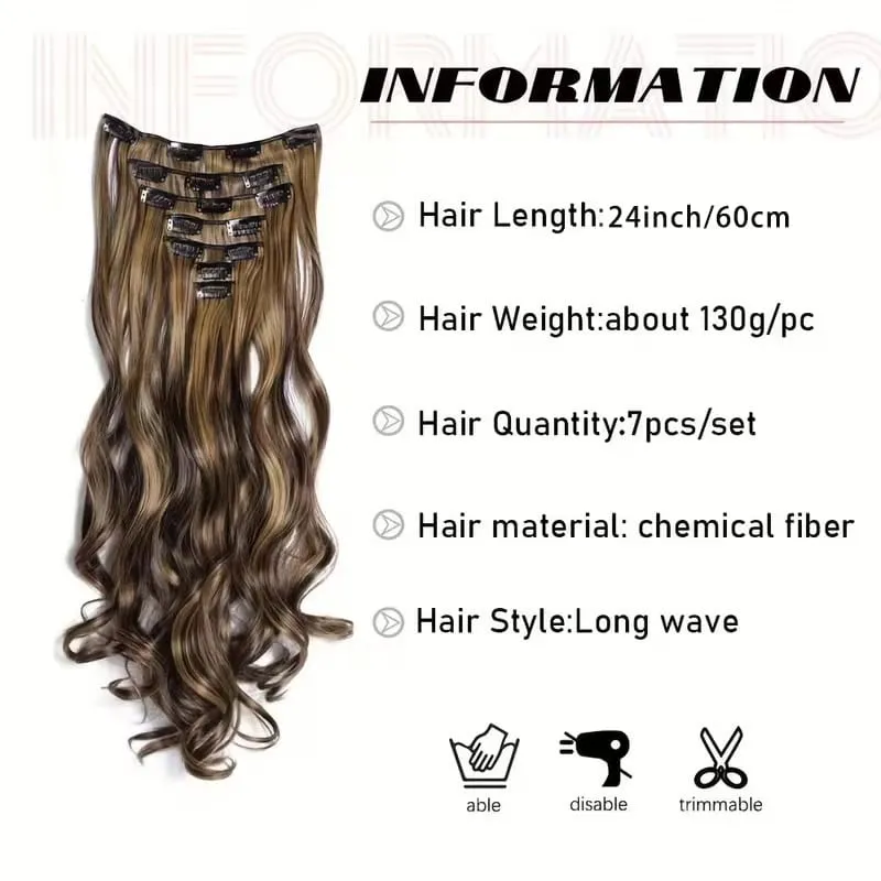 7pcs/set 24 Inch Synthetic Long Curly Wavy Hair Extensions 16 Clips In Hairpieces Synthetic Fiber Wave Hair Extensions for Women