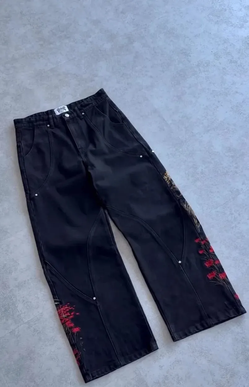 Samurai Embroidery Men Jeans Y2K Retro Harajuku Street Hip Hop High Waist Straight Pants Unisex Wide Leg Loose Denim Pants