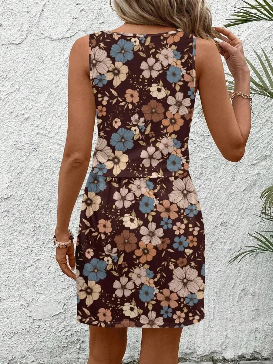 Women's Spring/Summer Casual Colorful Striped Sleeveless Dress - Imitation Drawstring Waist - Suitable for Daily Wear Beach Vacation Dress