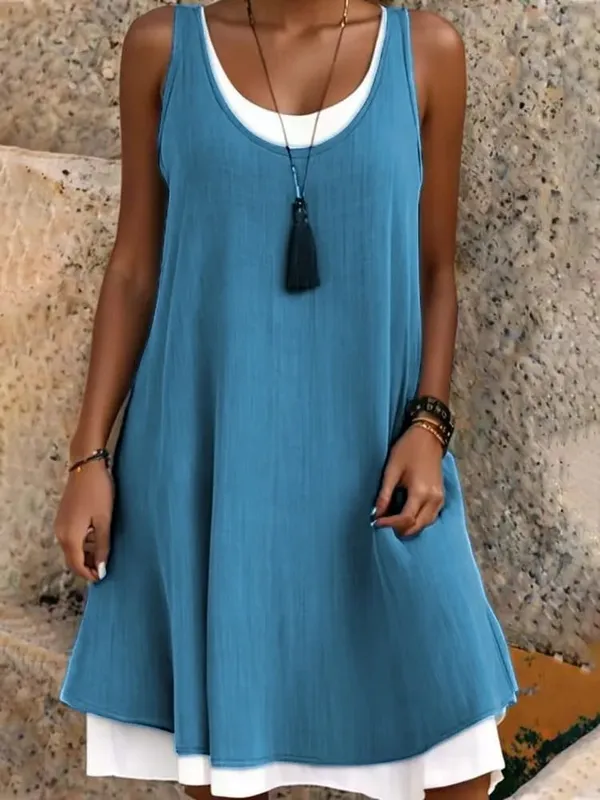 Women's Solid Dress Fashion O Neck Pullover Sleeveless Fake Two Piece Loose Beach Dresses For Women Summmer New Womens Clothings
