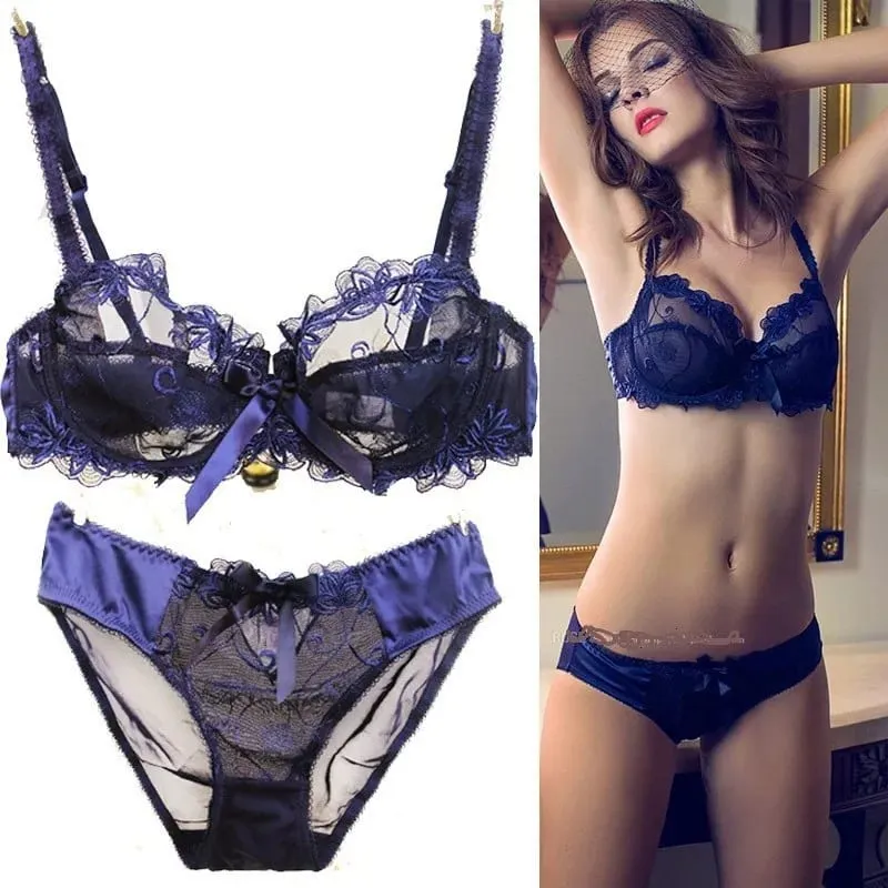 Ultra Thin Lingerie Set European Lace Bra for Big Boobs Sexy Push Up & Gather Sheer Transparent Large Cup Support BANERDANNI