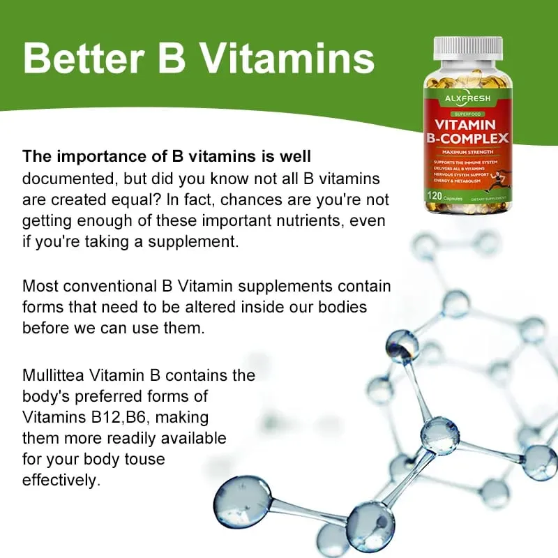 B-kompleks vitamintilskud (B12 B1 B2 B3 B5 B6 B9 folinsyre & biotin) til at lindre stress humør Immunsystemstøttekapsel