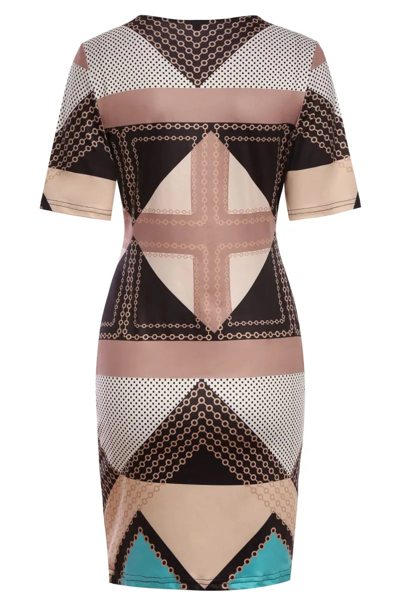 Womens Short Sleeve Geometry Print Crew Neck Work Mini Business Slim Casual Party Pencil Bodycon Sheath Dress