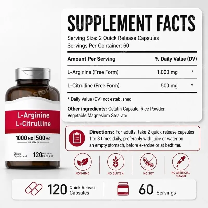 Cápsulas de suplemento de aminoácidos com contagem de 120 fornecem energia e suporte para uma vida saudável com 1000 mg de L-Arginina e 500 mg de L-Citrulina