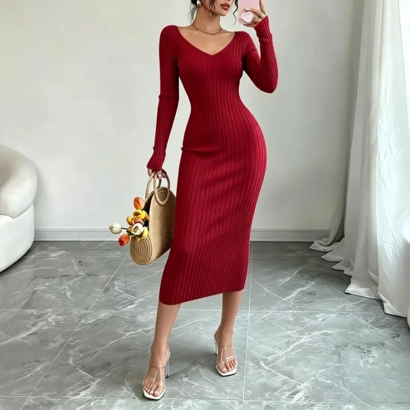 Women Solid Color V‑Neck Ribbed Knit Maxi Sweater Dress Elastic Long Sleeve Bodycon Dress Ladies Casual Party Fashion Dresses