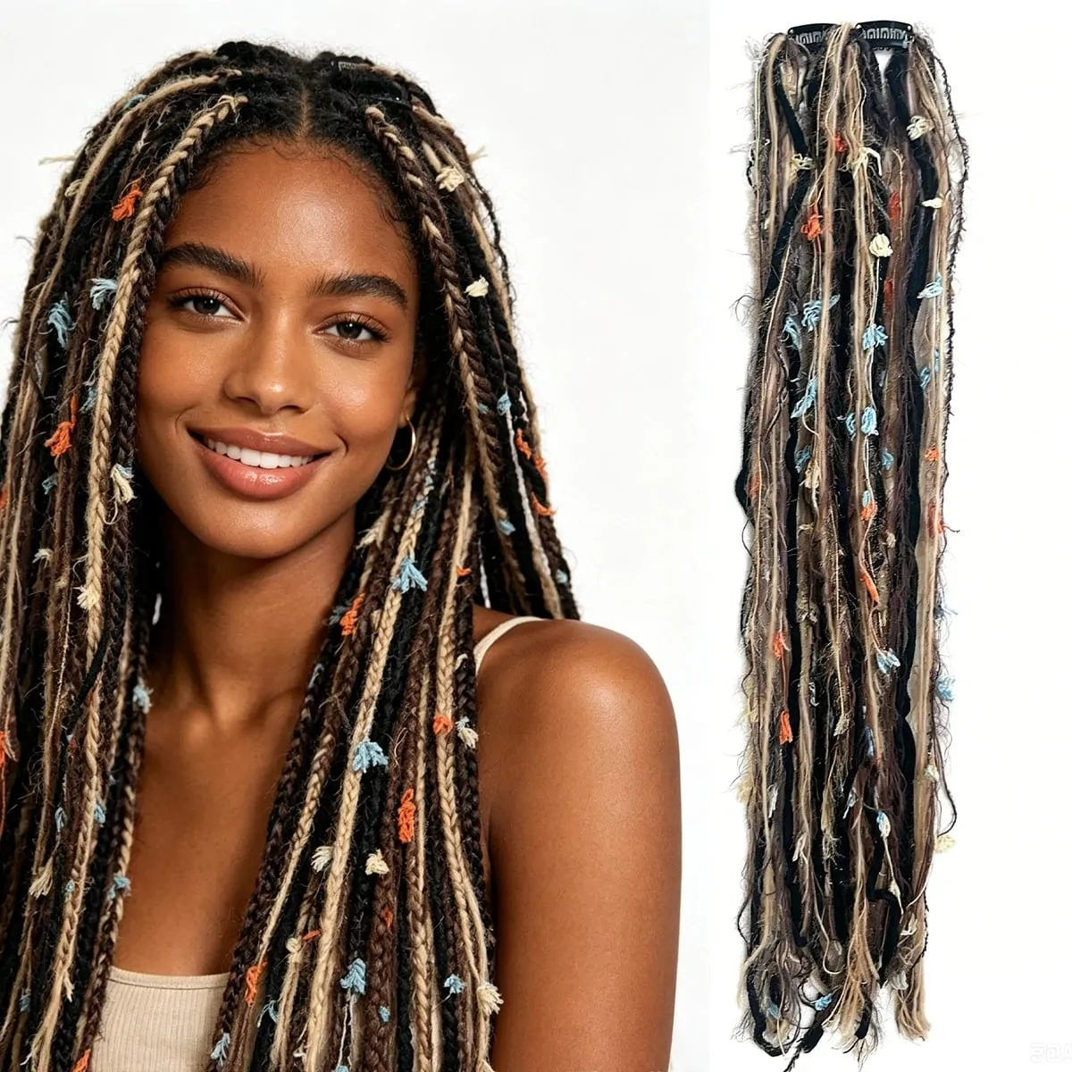Synthetic 2Pcs Wool Yarn Dreadlock Clip Hair Extensions Maillard Long Boho Tassel Colored Vintage Braids Hair For Woman
