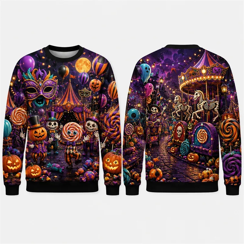Pumpkin Ghost Graffiti Sweatshirt Halloween Mens 3D Print Polyester Crew Neck Long Sleeve Hip Hop Fashion Pullover Oversized Fit