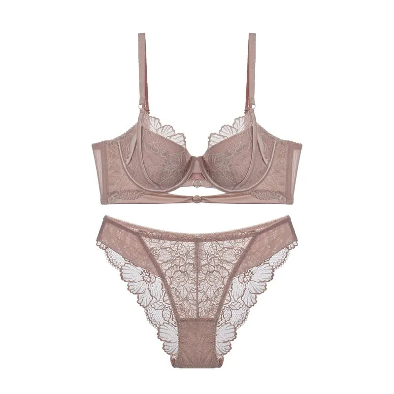 Balconette fehérnemű szett francia csipke - Underwire emelőtámasz a vékony, finom áttetsző bralette Tushy komfort szexi csipke díszítéshez