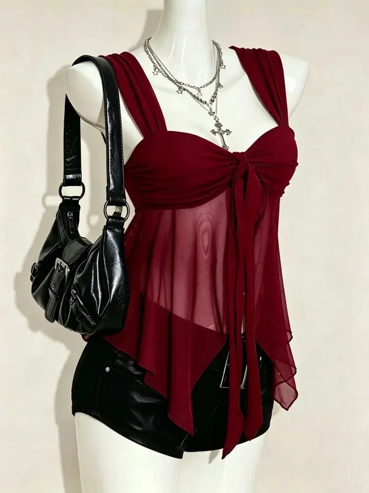 Women's Sweetheart Neck Backless Mesh Knot Front Pleating Strap A-line Crop Top Summer Sexy Cute Elegant Soft Comfortable Cloth