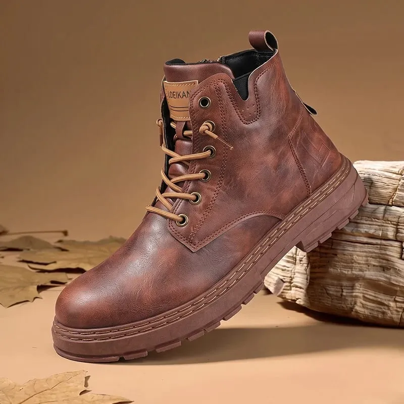 Mænd High-top Casual Støvler Kunstlæder Snørebånd Tykke skridsikre bloksål Syet detalje til Urban Street daglig udflugt